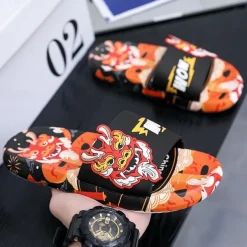 Men's Red Dragon Print Slide Sandals with 3D Dragon Design, Casual Style for Summer and Festivals