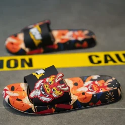 Men's Red Dragon Print Slide Sandals with 3D Dragon Design, Casual Style for Summer and Festivals