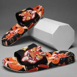 Men's Red Dragon Print Slide Sandals with 3D Dragon Design, Casual Style for Summer and Festivals