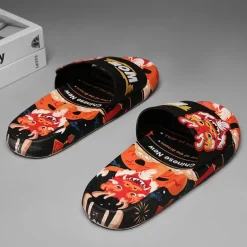 Men's Red Dragon Print Slide Sandals with 3D Dragon Design, Casual Style for Summer and Festivals