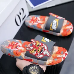 Men's Red Dragon Print Slide Sandals with 3D Dragon Design, Casual Style for Summer and Festivals