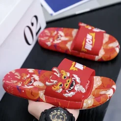 Men's Red Dragon Print Slide Sandals with 3D Dragon Design, Casual Style for Summer and Festivals
