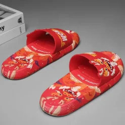 Men's Red Dragon Print Slide Sandals with 3D Dragon Design, Casual Style for Summer and Festivals