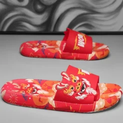 Men's Red Dragon Print Slide Sandals with 3D Dragon Design, Casual Style for Summer and Festivals