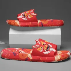 Men's Red Dragon Print Slide Sandals with 3D Dragon Design, Casual Style for Summer and Festivals