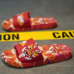Men's Red Dragon Print Slide Sandals with 3D Dragon Design, Casual Style for Summer and Festivals
