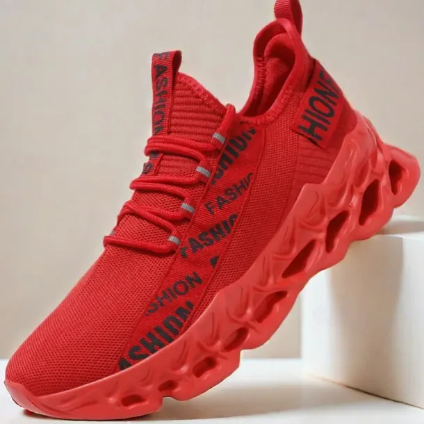 Men's Red Fashion Sneakers, Breathable Mesh Upper, Trendy Design with Bold 'FASHION' Print, Lightweight Sports Shoes for Casual and Everyday Wear