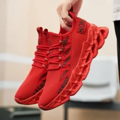 Men's Red Fashion Sneakers, Breathable Mesh Upper, Trendy Design with Bold 'FASHION' Print, Lightweight Sports Shoes for Casual and Everyday Wear