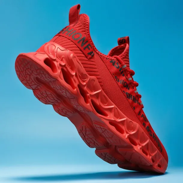 Men's Red Fashion Sneakers, Breathable Mesh Upper, Trendy Design with Bold 'FASHION' Print, Lightweight Sports Shoes for Casual and Everyday Wear