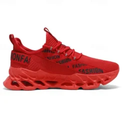 Men's Red Fashion Sneakers, Breathable Mesh Upper, Trendy Design with Bold 'FASHION' Print, Lightweight Sports Shoes for Casual and Everyday Wear