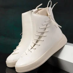 Men's Red Faux Leather High-Top Boots with Side Zipper and Lace-Up Design – Stylish Casual Footwear for Fall and Winter
