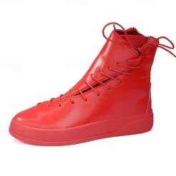 Men's Red Faux Leather High-Top Boots with Side Zipper and Lace-Up Design – Stylish Casual Footwear for Fall and Winter