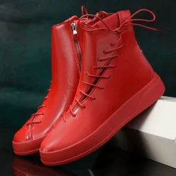 Men's Red Faux Leather High-Top Boots with Side Zipper and Lace-Up Design – Stylish Casual Footwear for Fall and Winter