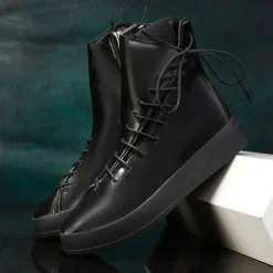 Men's Red Faux Leather High-Top Boots with Side Zipper and Lace-Up Design – Stylish Casual Footwear for Fall and Winter