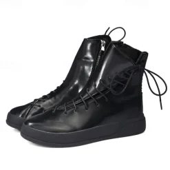 Men's Red Faux Leather High-Top Boots with Side Zipper and Lace-Up Design – Stylish Casual Footwear for Fall and Winter