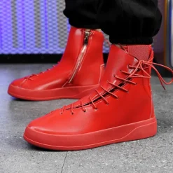 Men's Red Faux Leather High-Top Boots with Side Zipper and Lace-Up Design – Stylish Casual Footwear for Fall and Winter