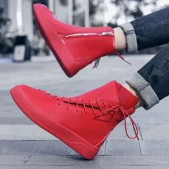 Men's Red Faux Leather High-Top Boots with Side Zipper and Lace-Up Design – Stylish Casual Footwear for Fall and Winter