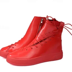 Men's Red Faux Leather High-Top Boots with Side Zipper and Lace-Up Design – Stylish Casual Footwear for Fall and Winter