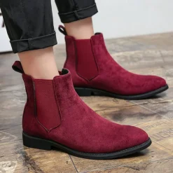Men's Red Faux Suede Chelsea Boots with Elastic Side Panels - Ideal for Casual Outings, Evening Events, and Making a Stylish Statement