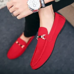 Men's Red Faux Suede Loafers, Casual Slip-On Driving Shoes with Metal Buckle Detail - Stylish and Comfortable Footwear for Daily Wear