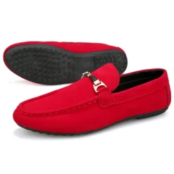 Men's Red Faux Suede Loafers, Casual Slip-On Driving Shoes with Metal Buckle Detail - Stylish and Comfortable Footwear for Daily Wear