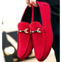 Men's Red Faux Suede Loafers, Casual Slip-On Driving Shoes with Metal Buckle Detail - Stylish and Comfortable Footwear for Daily Wear