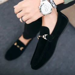 Men's Red Faux Suede Loafers, Casual Slip-On Driving Shoes with Metal Buckle Detail - Stylish and Comfortable Footwear for Daily Wear