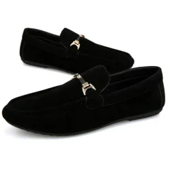 Men's Red Faux Suede Loafers, Casual Slip-On Driving Shoes with Metal Buckle Detail - Stylish and Comfortable Footwear for Daily Wear