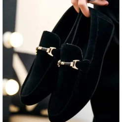 Men's Red Faux Suede Loafers, Casual Slip-On Driving Shoes with Metal Buckle Detail - Stylish and Comfortable Footwear for Daily Wear