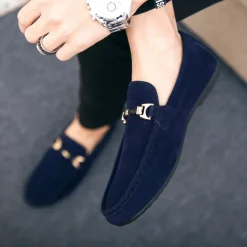 Men's Red Faux Suede Loafers, Casual Slip-On Driving Shoes with Metal Buckle Detail - Stylish and Comfortable Footwear for Daily Wear