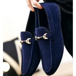 Men's Red Faux Suede Loafers, Casual Slip-On Driving Shoes with Metal Buckle Detail - Stylish and Comfortable Footwear for Daily Wear