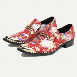 Men's Red Floral Leather Loafers with Metallic Cap Toe and Buckle Detail – Premium Cowhide Statement Shoes for Fashionable Outfits