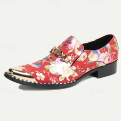 Men's Red Floral Leather Loafers with Metallic Cap Toe and Buckle Detail – Premium Cowhide Statement Shoes for Fashionable Outfits