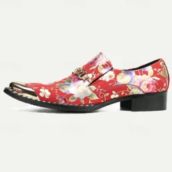 Men's Red Floral Leather Loafers with Metallic Cap Toe and Buckle Detail – Premium Cowhide Statement Shoes for Fashionable Outfits