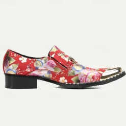 Men's Red Floral Leather Loafers with Metallic Cap Toe and Buckle Detail – Premium Cowhide Statement Shoes for Fashionable Outfits