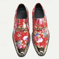 Men's Red Floral Leather Loafers with Metallic Cap Toe and Buckle Detail – Premium Cowhide Statement Shoes for Fashionable Outfits