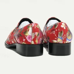 Men's Red Floral Leather Loafers with Metallic Cap Toe and Buckle Detail – Premium Cowhide Statement Shoes for Fashionable Outfits
