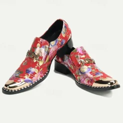 Men's Red Floral Leather Loafers with Metallic Cap Toe and Buckle Detail – Premium Cowhide Statement Shoes for Fashionable Outfits