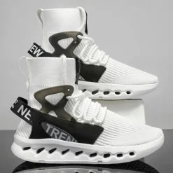 Men's Red High-Top Breathable Athletic Sneakers – Lightweight Knit Running Shoes with Cushioned Sole for Sports & Casual Wear