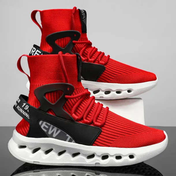 Men's Red High-Top Breathable Athletic Sneakers – Lightweight Knit Running Shoes with Cushioned Sole for Sports & Casual Wear