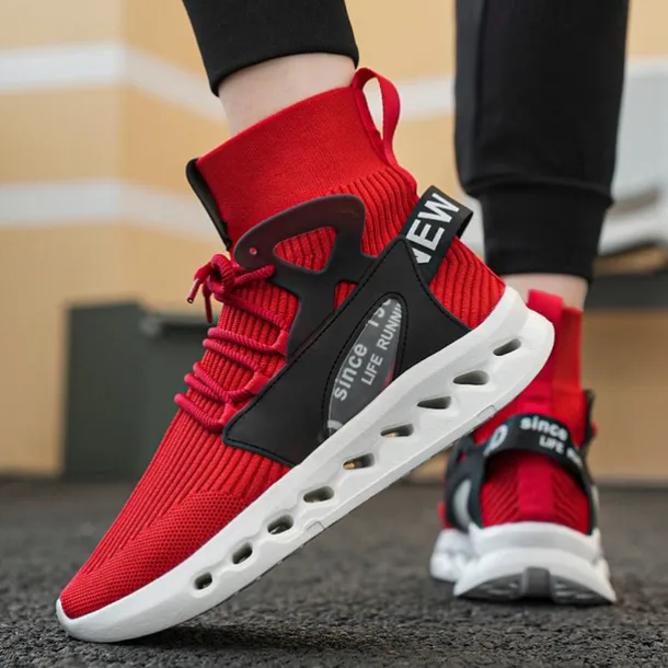 Men's Red High-Top Breathable Athletic Sneakers – Lightweight Knit Running Shoes with Cushioned Sole for Sports & Casual Wear