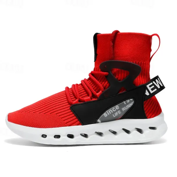 Men's Red High-Top Breathable Athletic Sneakers – Lightweight Knit Running Shoes with Cushioned Sole for Sports & Casual Wear