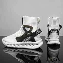 Men's Red High-Top Breathable Athletic Sneakers – Lightweight Knit Running Shoes with Cushioned Sole for Sports & Casual Wear