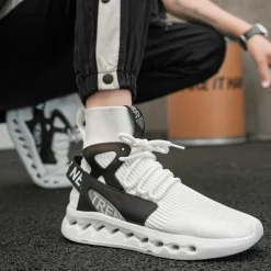 Men's Red High-Top Breathable Athletic Sneakers – Lightweight Knit Running Shoes with Cushioned Sole for Sports & Casual Wear