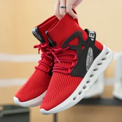 Men's Red High-Top Breathable Athletic Sneakers – Lightweight Knit Running Shoes with Cushioned Sole for Sports & Casual Wear