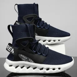 Men's Red High-Top Breathable Athletic Sneakers – Lightweight Knit Running Shoes with Cushioned Sole for Sports & Casual Wear