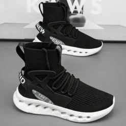 Men's Red High-Top Breathable Athletic Sneakers – Lightweight Knit Running Shoes with Cushioned Sole for Sports & Casual Wear