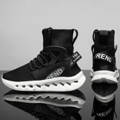 Men's Red High-Top Breathable Athletic Sneakers – Lightweight Knit Running Shoes with Cushioned Sole for Sports & Casual Wear