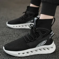 Men's Red High-Top Breathable Athletic Sneakers – Lightweight Knit Running Shoes with Cushioned Sole for Sports & Casual Wear