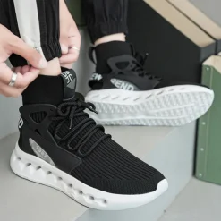 Men's Red High-Top Breathable Athletic Sneakers – Lightweight Knit Running Shoes with Cushioned Sole for Sports & Casual Wear